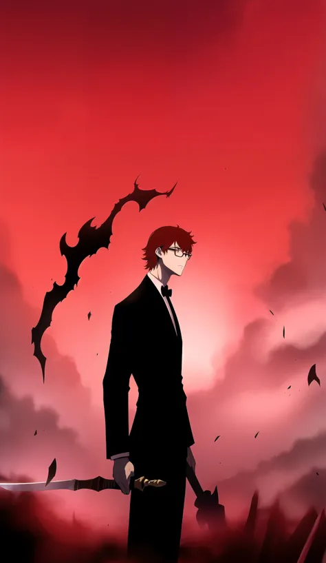 a young man with red hair, glasses, a black suit and a black tie, fighting with a sword, in a gloomy atmosphere full of fog, a r...