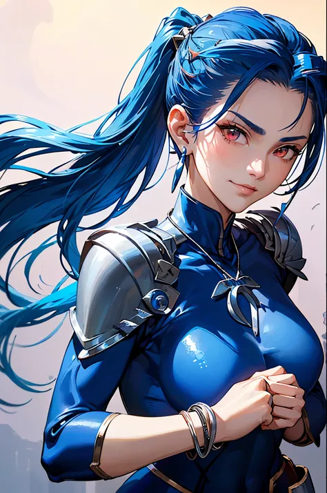 (masterpiece, best quality:1.2), expressive eyes, perfect face, highres, 1girl, solo, (female:1.5), cu chulainn - lancer (fate), blue hair, long hair, spiked hair, low ponytail, red eyes, (blue bodysuit:1.5), bracelet, earrings, jewelry,  necklace, shoulde...