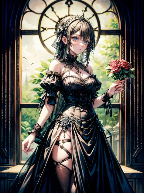 masterpiece,highest quality,Ultra high definition,Gothic woman in black dress holding a rose in front of a Gothic window, Gothic aesthetic, She is the Queen of the Black Roses, Gothic art style, an elegant Gothic princess, Gothic style, Gothic horror vibes...