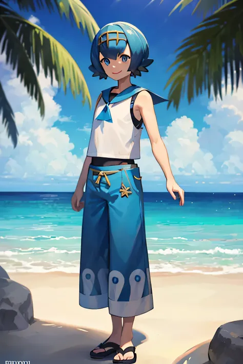 ((masterpiece, best quality)), absurdities,
Lana_Pokemon, sailor collar, sleeveless shirt, blue pants, 
alone, smiling, looking at viewer, cowboy shot, 
tropical background, cinematic composition, dynamic pose, male, full body, standing