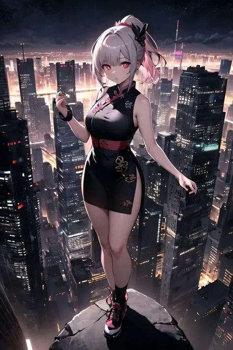 anime, (artwork, best quality, ultra-detailed, high contrast), 1 woman (alone, full body, plus size body, standing on the edge o...