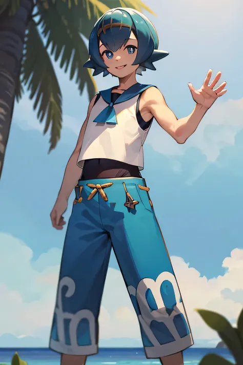 ((masterpiece, best quality)), absurdities,
lana_pokemon, sailor collar, sleeveless shirt, blue pants, 
alone, smiling, looking ...