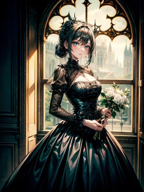 masterpiece,highest quality,Ultra high definition,Gothic woman in black dress holding a rose in front of a Gothic window, Gothic aesthetic, She is the Queen of the Black Roses, Gothic art style, an elegant Gothic princess, Gothic style, Gothic horror vibes...