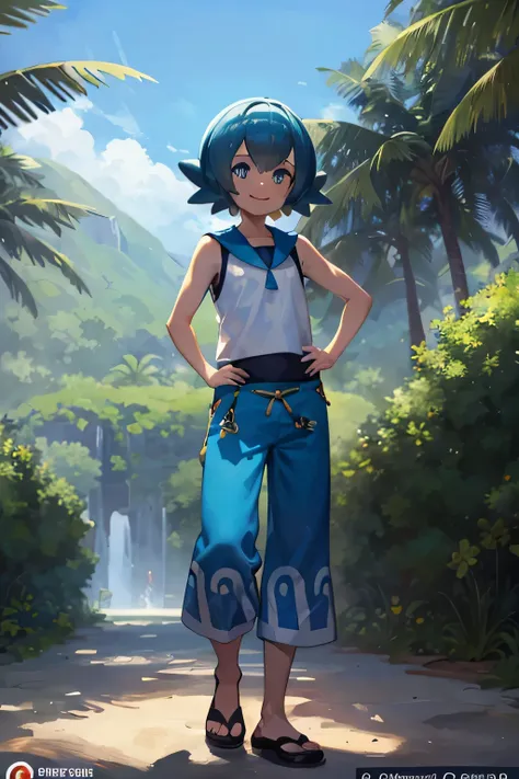 ((masterpiece, best quality)), absurdities,
lana_pokemon, sailor collar, sleeveless shirt, blue pants, 
alone, smiling, looking ...