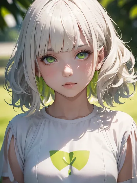 Masterpiece, best quality, high resolution, amazing details, 1 girl, (short wavy white hair), choppy bangs, ((downturned-shaped lime green eyes)), small eyes, portrait, close-up, from infront, looking at the camera, very fair skin, plain background, t shir...