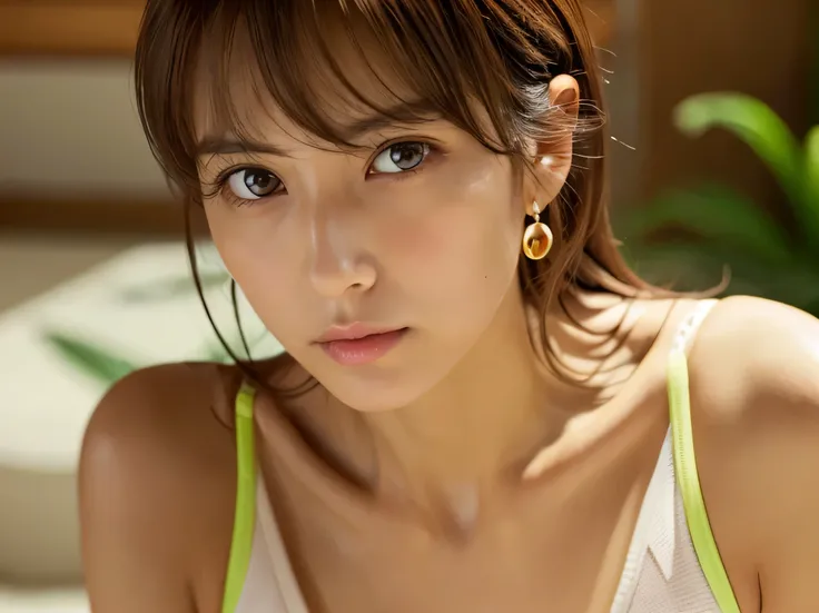 Look into the eyes,　Eye contact,　Front of face,　Front face,　face,　head,　Cross-legged,　indoor,　Brown Hair,　bangs,　Light clothing,　bikini,　Sweat,　Sweaty,　Sweat,　clavicle,　Cross-legged,　Light from below,　chest,　Chest cleavage,　Earrings