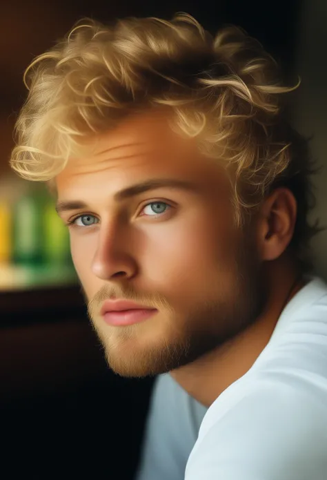 Masterpiece, photographic art, photorealistic, precise focus, brilliant details, man, striking face, blond wavy hair, short beard, european guy, rapper, writing his lyrics, kitchen, kitchen table, kitchen chair, beer glass, pad and pen,