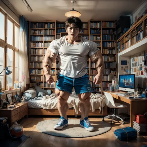 (masterpiece), ((handsome korean guy:1.2)), (Kim Soo-hyun), detailed face, short wavy hair, (wearing worn out white shirt and blue short:1.5), (wearing blue sneakers:1.2), (worn out shirt and worn out short), intricate detailed room, hd, 8k, candid shot, w...