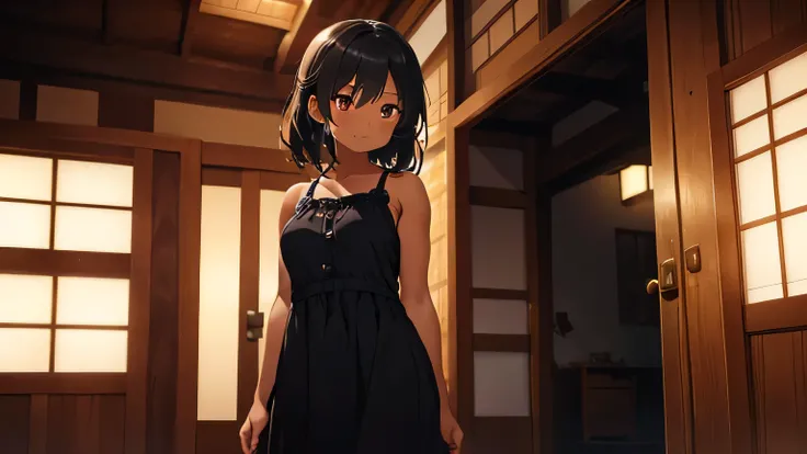 best god quality, Ultra-detailed, perfect Anatomy, High resolution, Best lighting by professional AI,
It is night time. I see a single tomboy wearing a sundress standing in the doorway of a Japanese home at night to greet the viewer. Behind her is the int...