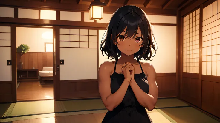 best god quality, Ultra-detailed, perfect Anatomy, High resolution, Best lighting by professional AI,
It is night time, I see a single tomboy wearing a sundress standing up inside of a Japanese home at night to greet the viewer. Behind her is the interior...