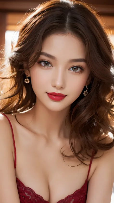 Radiant portrait of a beautiful 20-year-old woman, captivating eyes, voluminous curly hair, striking features, elegant posture, vibrant red lipstick, flawless complexion, natural makeup, stylish attire, confident expression, subtle smile, soft shadows, war...