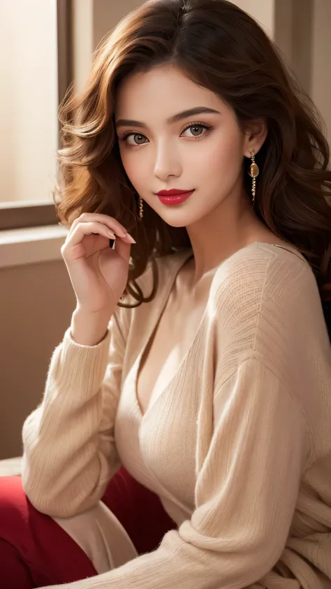 Radiant portrait of a beautiful 20-year-old woman, captivating eyes, voluminous curly hair, striking features, elegant posture, vibrant red lipstick, flawless complexion, natural makeup, stylish attire, confident expression, subtle smile, soft shadows, war...