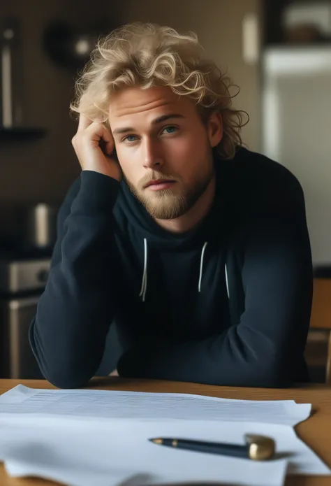 masterpiece, photo art, photorealistic, precise focus, brilliant details, man, striking face, blond wavy hair, short beard, european guy, rapper, writing his lyrics, kitchen, kitchen table, kitchen chair, beer glass, pad and pen, crumpled paper