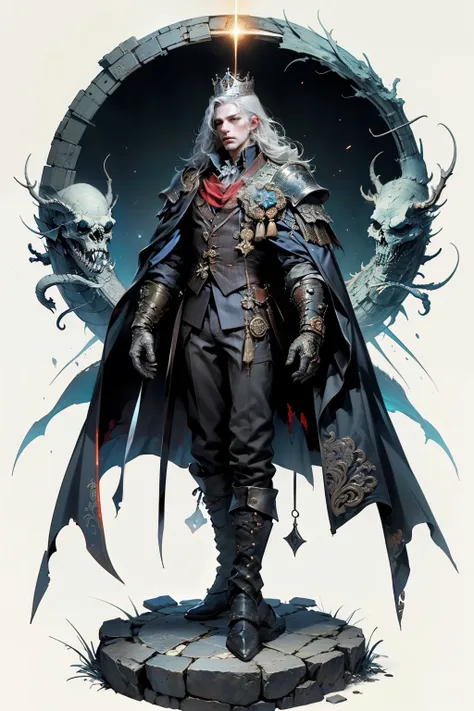 ((best quality)), ((masterpiece)), (detailed), perfect face, a young man wearing a large glorious crown with a huge ethereal cosmic crown looming above him, a knight, white background, plain background, Bloodborne inspired, Bloodborne attire, occult aesthe...