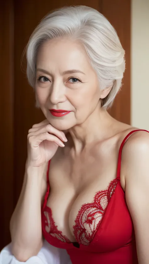 ((elderly Mature Woman)), ((concentrated)), (Full body image)(Beautiful woman), (news),Red Lingerie, gravure, Depict lips accurately, Red lipstick,Red Lingerie, senior citizen,Mature Woman, Flashy face, highest quality, super high quality, Realistic, Ultra...