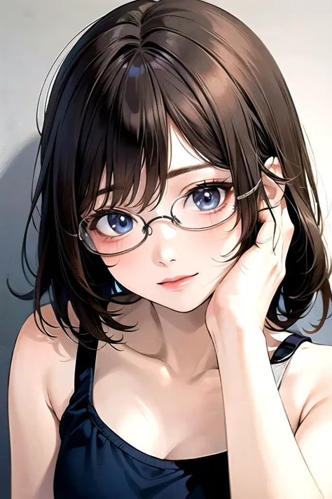 ((best quality)), ((masterpiece)), (detailed), perfect face. Asian girl. Brown hair. Blue eyes. glasses. Tanktop. Short pants.