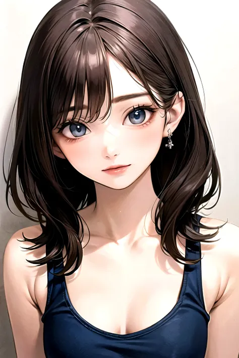 ((best quality)), ((masterpiece)), (detailed), perfect face. Asian girl. Brown hair. Blue eyes. Tanktop. Short pants. 