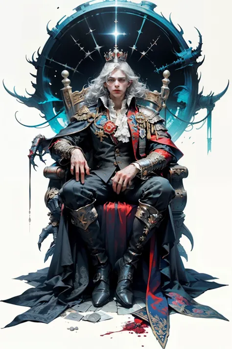 ((best quality)), ((masterpiece)), (detailed), perfect face, a young man wearing a large glorious crown with a huge ethereal cosmic crown looming above him, a knight, white background, plain background, Bloodborne inspired, Bloodborne attire, occult aesthe...