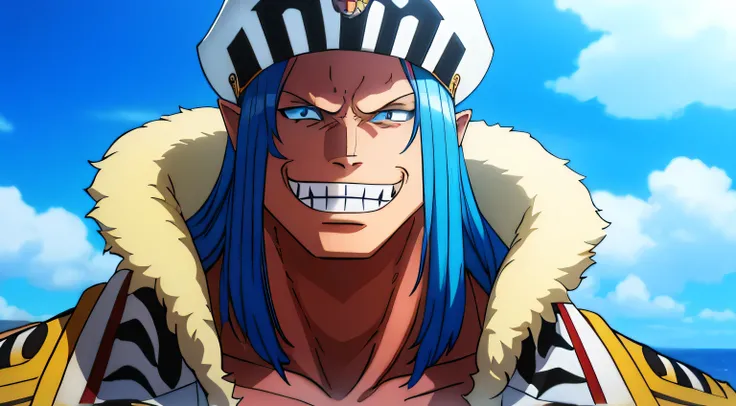 1boy, marine outfit, wanostyle, blue hair, long hair, blue eyes, sharp face, masculine, white marine clothing, muscular, marine cap, marine cloak, white tiger mink, sharp teeth, human face, sunny, smile, human features but white tiger ears and sharp teeth,...