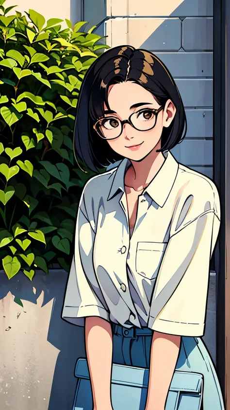 Young Woman looking this way、(highest quality, Natural light)、Stylish、noon, detailed background, 19 years old, Bob Hair、Gold-rimmed glasses、Gentle expression, Street fashion、smile