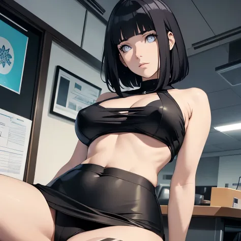 (masterpiece), anime, Best quality, good anatomy, one girl, Hinata Hyuga, (full height), white eyes, Big breasts, realistic face, gloomy face, Looking down, dark hair, short haircut, navel ,bare shoulders, tight black top, decollete, black pencil skirt, ta...