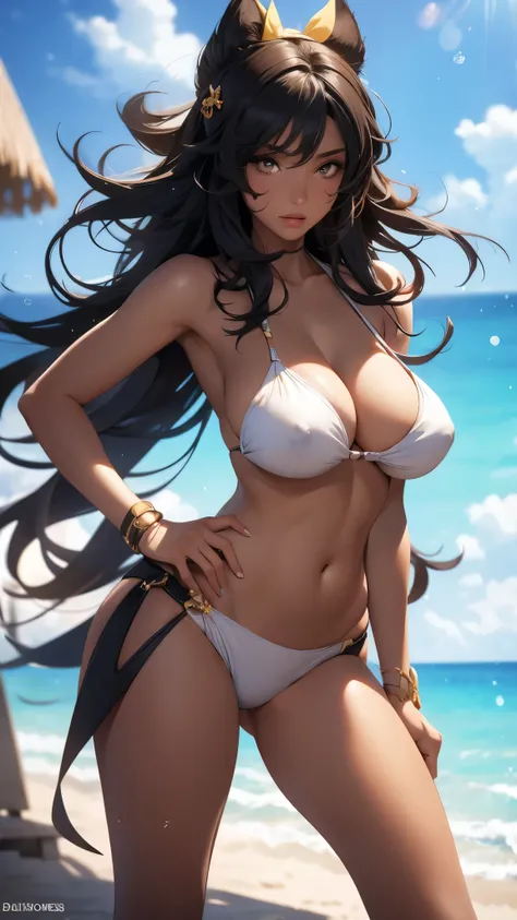 Yoruichi, nue (huge tits), peau brune, yeux jaune, Haut du corps, abdos, symmetrical round breasts, deserted beach, gros seins, gigantesque seins, 4K ultra UHD, mains parfaites, cing doigts, yeux parfaits, bikini dentelle rouge