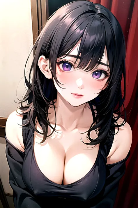 ((best quality)), ((masterpiece)), (detailed), perfect face. Asian girl. Black hair. Purple eyes. V neck. Short pants. Blushes. Cleavage.