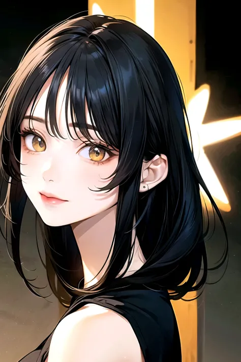 ((best quality)), ((masterpiece)), (detailed), perfect face. Asian girl. Black hair. Yellow eyes. Tanktop.