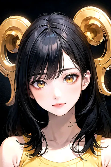 ((best quality)), ((masterpiece)), (detailed), perfect face. Asian girl. Black hair. Yellow eyes. Tanktop.