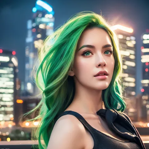 colorful urban style girl, vibrant green hair, detailed facial features, beautiful eyes and lips, dynamic pose, cityscape background, cinematic lighting, 8k, photorealistic, digital painting, concept art style realista