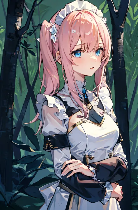 1 girl，rose，Upper body，pink long hair,high twin tail,((White Maid Costume)),blue eyes,Blunt bang,((forest background)),