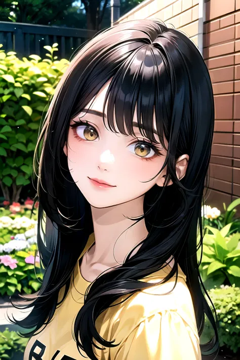 ((best quality)), ((masterpiece)), (detailed), perfect face. Asian girl. Black hair. Yellow eyes. T-shirt. Garden.