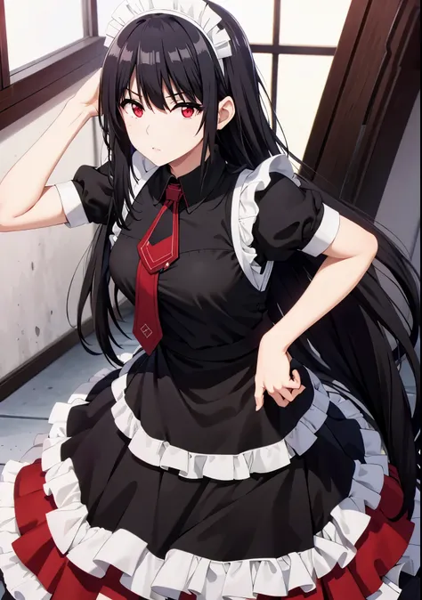 black hair,red eyes,(((maid dress,tie))),long hair,