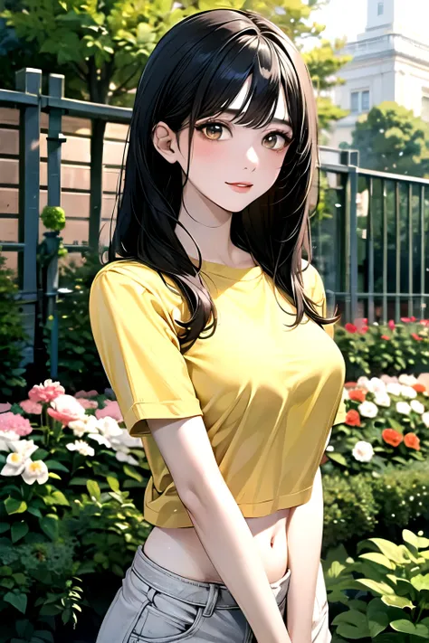 ((best quality)), ((masterpiece)), (detailed), perfect face. Asian girl. Black hair. Yellow eyes. T-shirt. Garden. Belly.