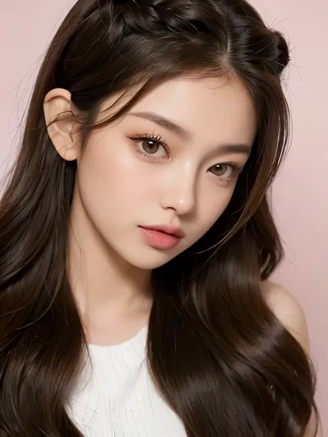 Kim Jennie with dark brown hair, mientras tiene dos trenzas bonitas, trenzas sueltas, with little curlers in her hair, with light brown eyes, ojos bonitos, with long and beautiful eyelashes, cejas perfectas, thick heart shaped lips with cupid&#39;s bow, cr...