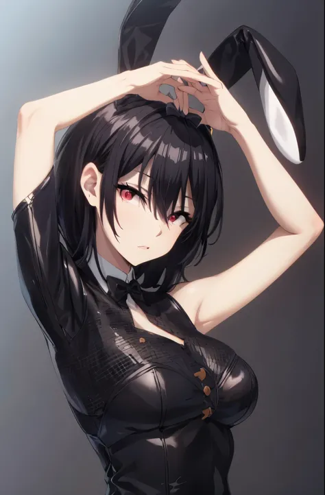 black hair,red eyes,(((blqack bunny suit,black bunny ears))),long hair,
