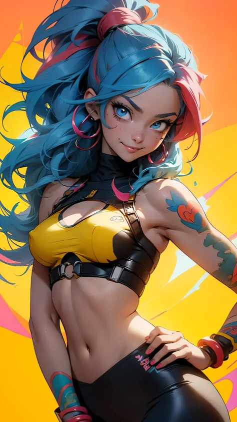 Anime style illustration of a female character with red and blue hair, wearing colorful tattoos on her chest and smiling against a yellow background. The artwork features bright colors, intricate details and sharp focus with high resolution and high detail...