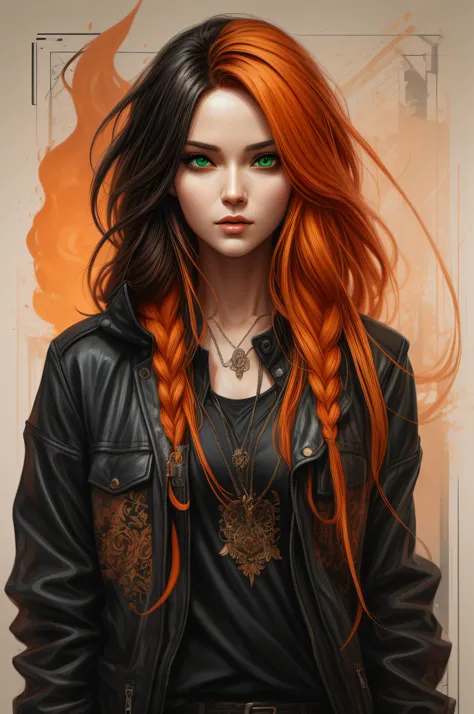 there is a woman with orange hair and a black jacket, green eyes, stunning digital illustration, realistic artstyle, stylized ur...