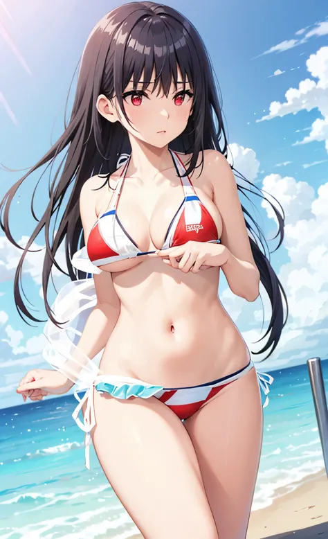 black hair,red eyes((((bikini))))