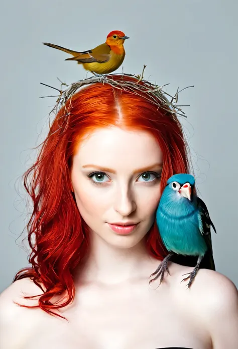 Girl with a red hair with a bird on her head 