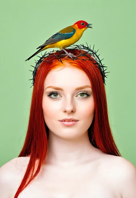 Girl with a red hair with a bird on her head 