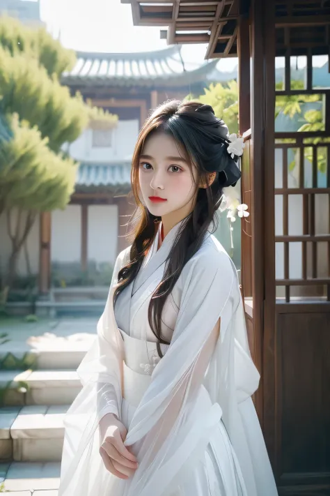 (Masterpiece), (best quality), raw photos, girl, Hanfu, white Hanfu, simple Hanfu, stand, white flower background, stairs, outdoor