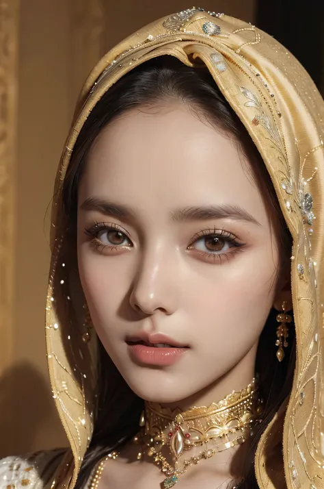 a detailed detailed portrait of a young woman in traditional saudi arabian clothing, beautiful detailed eyes, beautiful detailed lips, extremely detailed eyes and face, long eyelashes, headscarf, traditional jewelry, ornate patterns, warm lighting, golden ...