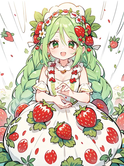 1girl, wearing a (rose print) dress, in a ((strawberry field)), happy and smiling, mythical world with giant fruit  🍓, foamy tea...