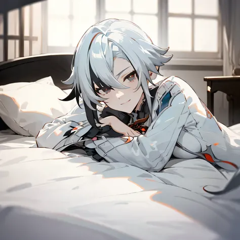 (masterpiece、top-quality)、1 girl 、Smirk、grey eyes、arlecchino (genshin impact), Warm lighting、on the beds, Blurred foreground、deep in the night、High contrast、Night、laimg on the bed.