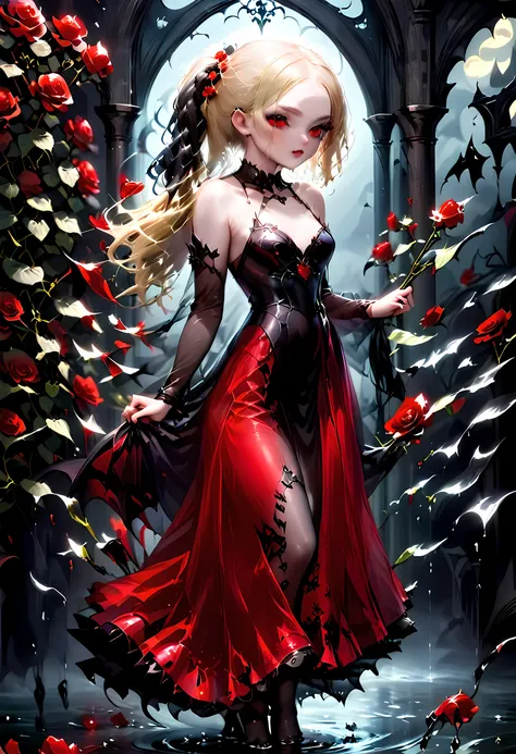 Dark fantasy art, fantasy art, goth art, a picture of a female vampire, exquisite beauty, full body shot, dark glamour shot, pale white skin, dark blond hair, long hair, wavy hair, (glowing grey: 1.3) eyes, she wears a (red: 1.3) red dress, ArmoredDres...