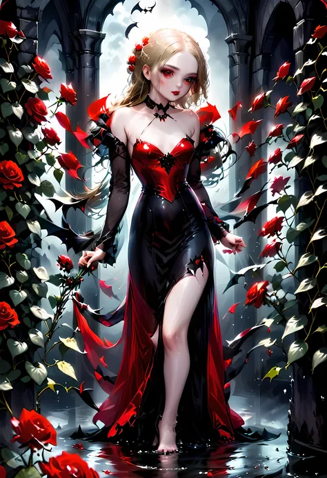 Dark fantasy art, fantasy art, goth art, a picture of a female vampire, exquisite beauty, full body shot, dark glamour shot, pale white skin, dark blond hair, long hair, wavy hair, (glowing grey: 1.3) eyes, she wears a (red: 1.3) red dress, ArmoredDres...