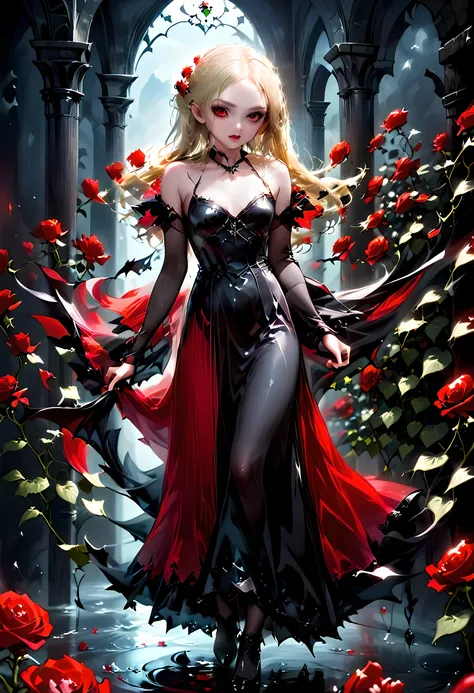 Dark fantasy art, fantasy art, goth art, a picture of a female vampire, exquisite beauty, full body shot, dark glamour shot, pale white skin, dark blond hair, long hair, wavy hair, (glowing grey: 1.3) eyes, she wears a (red: 1.3) red dress, ArmoredDres...