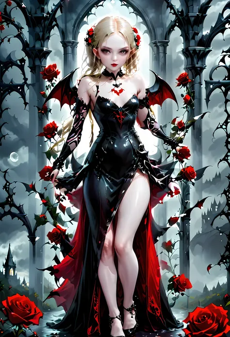 Dark fantasy art, fantasy art, goth art, a picture of a female vampire, exquisite beauty, full body shot, dark glamour shot, pale white skin, dark blond hair, long hair, wavy hair, (glowing grey: 1.3) eyes, she wears a (red: 1.3) red dress, ArmoredDress, t...