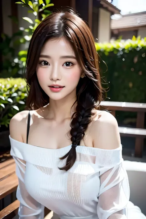 Warm sunshine、Woman strolling in park、Accentuate your breasts、See-through white tight sweater dress、Off-the-shoulder tight sweater dress、(Reddish brown wet shiny hair)、(Floral braided headband、Half Up、Floral,),(Space Knitting、Voluminous fishtail braid、Twis...